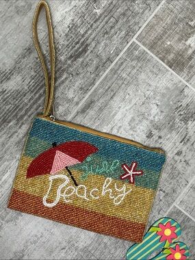 Beaded Beachy Wristlet Clutch with Umbrella and Starfish Motif